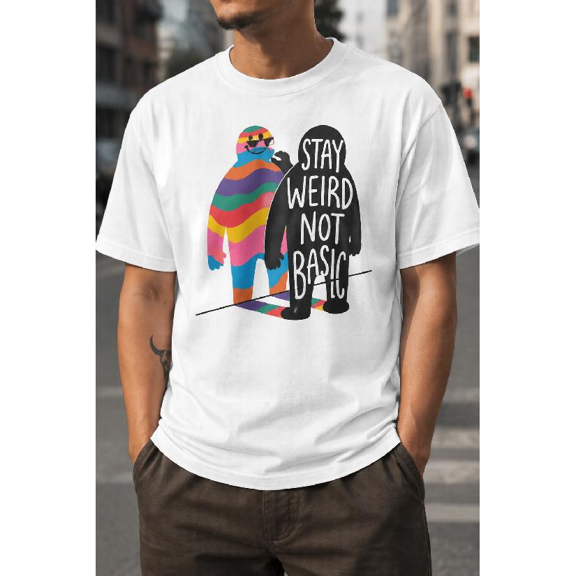 Plus Size - Men's T-Shirt S-5XL Featuring a Colorful Graphic Print With the Phrase 'Stay Weird Not Basic' - a Casual Short-Sleeve Round-Neck Top With