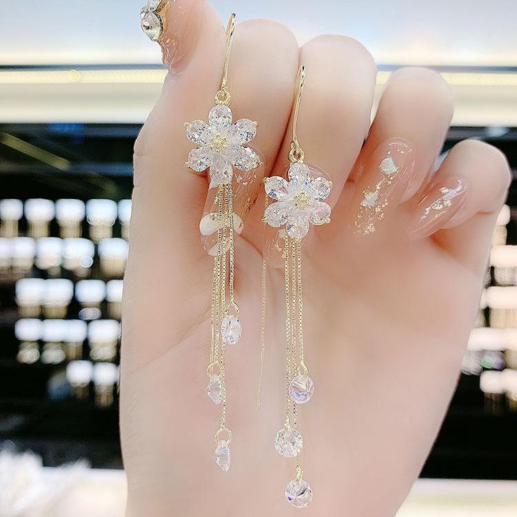 White Rhinestone Long Tassel Flower Earrings: Elegant Five-Petal Design