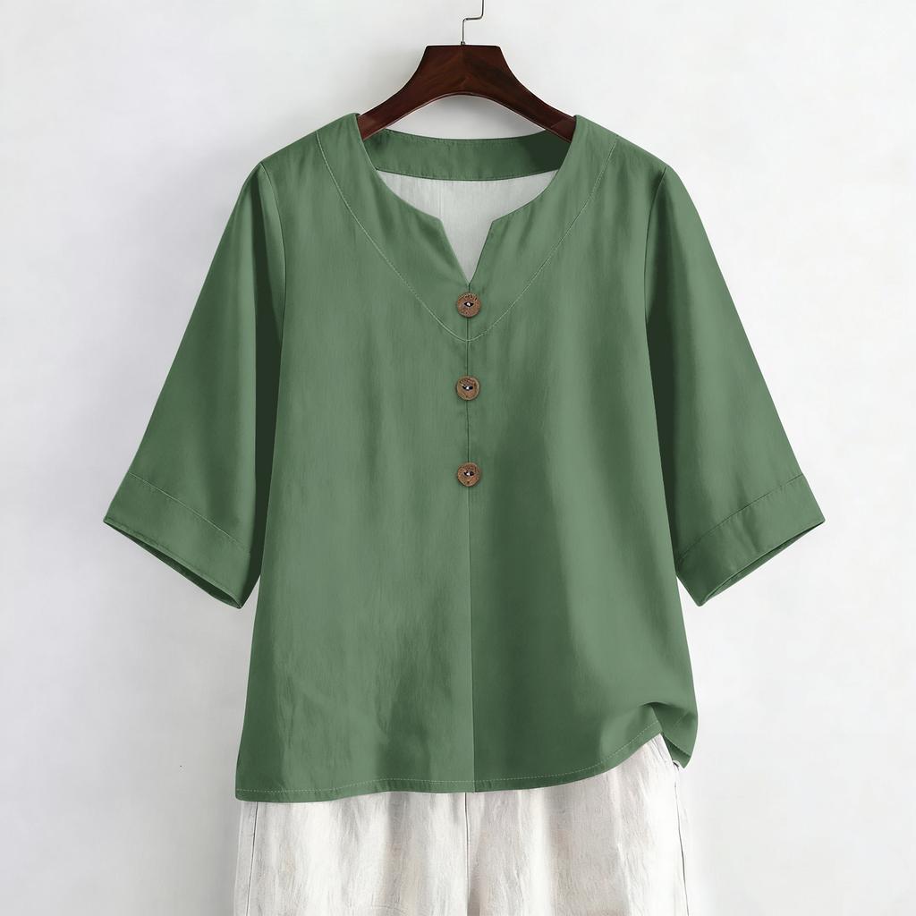 Women's Summer Fashion V-Neck 3/4 Sleeve Linen Shirt - Casual Loose-Fit Top