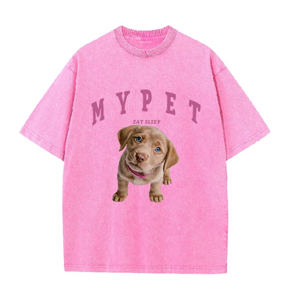 2026 Vintage Washed Black Cute Labrador Puppy My Pet Letter Graphic T Shirt Animal Print Oversized Casual Short Sleeve Tee