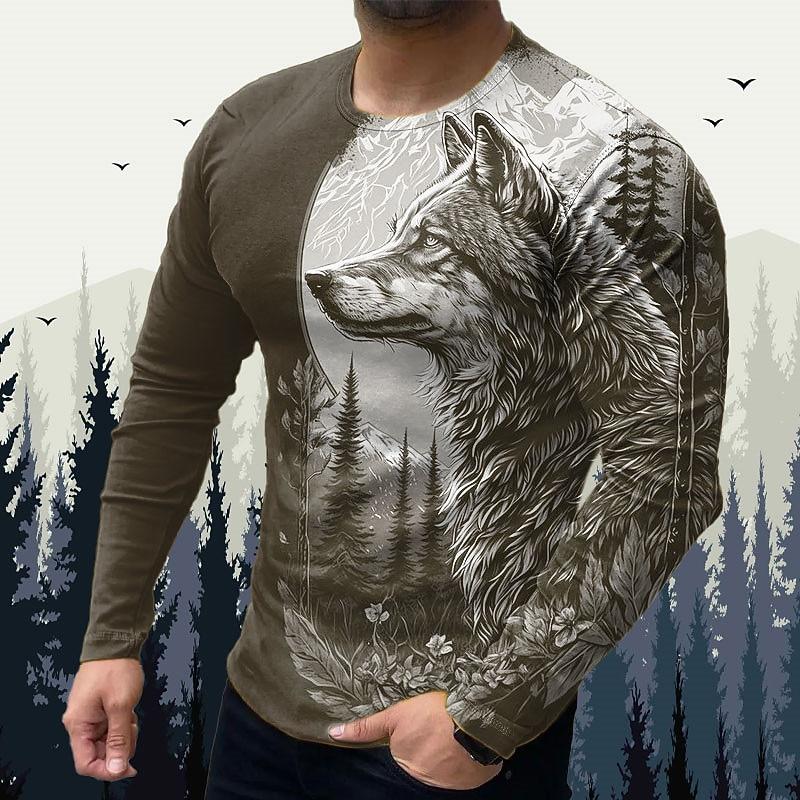 Men's casual long sleeved O-neck T-shirt with animal wolf print
