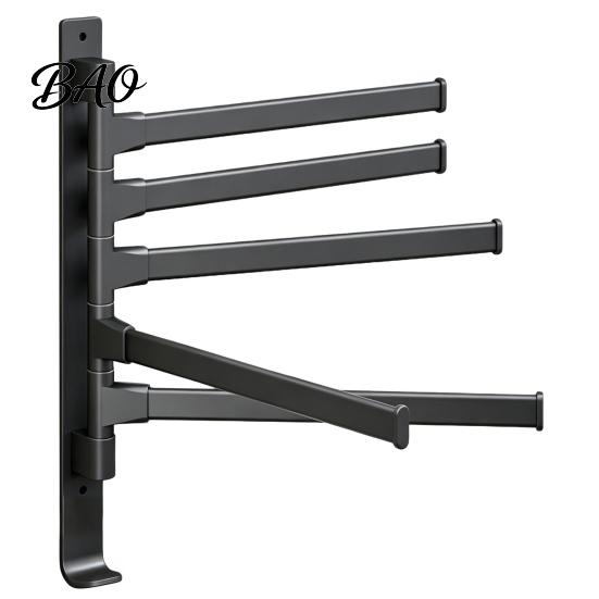Drill Free Towel Bar Swivel Rack, 180 Degree Rotating Design, Wall Mounted Space Rack for Bathroom Aluminum Swing Holder, Anti-slip Organizer Kitchen