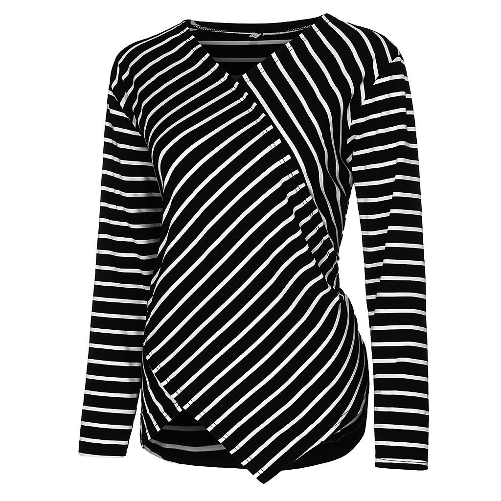 Módní halenka dámská košile s dlouhým rukávem nepravidelného tvaru s proužkovaným výstřihem do V