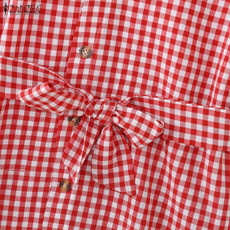 ZANZEA Women Casual V-Neck Short Sleeve Plaid Print Dress