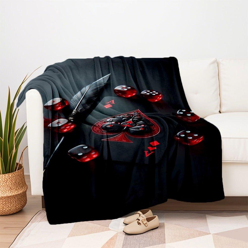 Black Playing Card with Red Dice and Feather DecorBlanket Flannel Throw Blanket for Sofa, Bed, Travel, Camping, Office