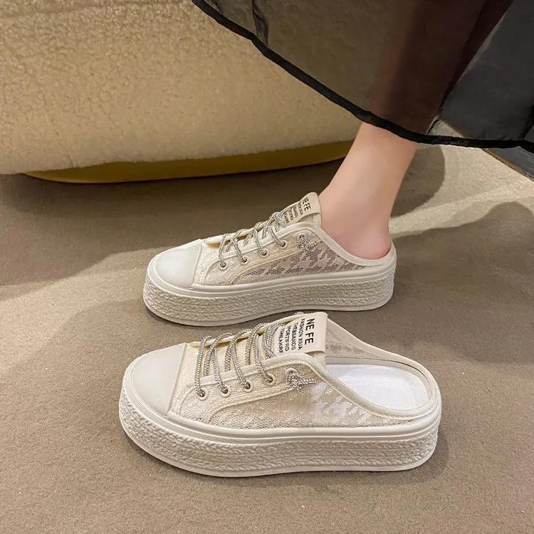 Summer Closed Toe Half Slippers for Women Wear Mesh Heel-Free Lazy Canvas Shoes Casual Sandals