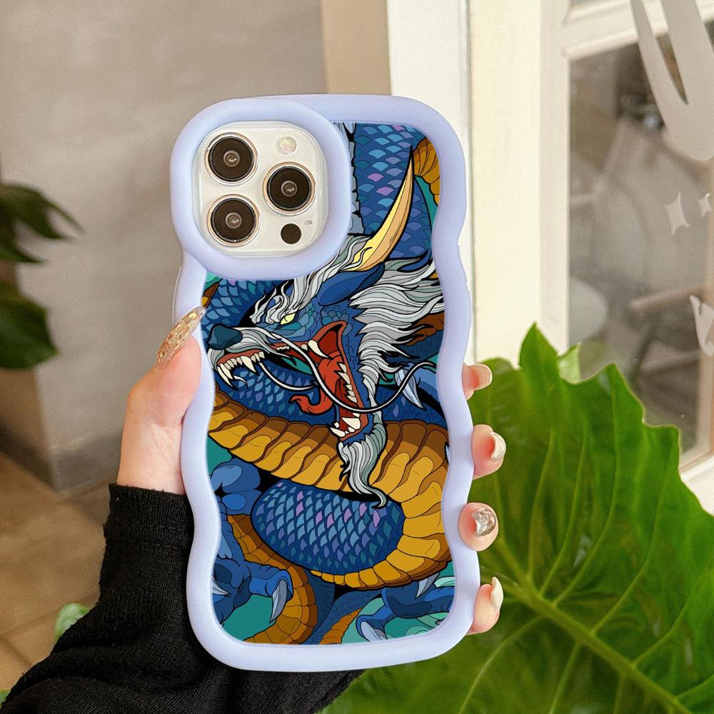N81 Dragon design art Macaron Wavy Edge Phone Cases for iPhone 16 Pro Max Samsung S24 Plus S23 Ultra A35 A55 Xiaomi Redmi Note 13 Shockproof Cover
