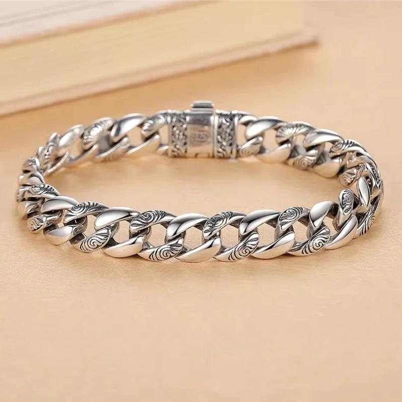 

China-Chic Design Solid Tang Grass Pattern Cuban Bracelet Men s Vintage Style Valentine s Day Personalized Versatile Jewelry 22cm