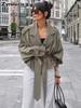 Autumn Vintage Green Casual Loose Waist Tapered Belt Temperament Commute Windbreaker Jacket for Women High-End Feeling