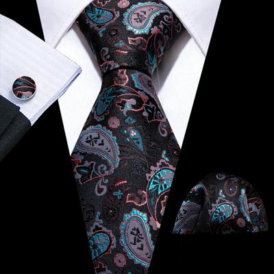 Necktie Hankerchief Cufflinks Set Black Paisley Jacquard Woven Wedding