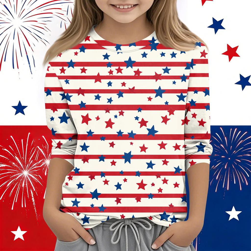Print Tops For Youth Girls Round Neck 3/4 Sleeves T-Shirts Trendy Tops Outfit Tees Independence Day