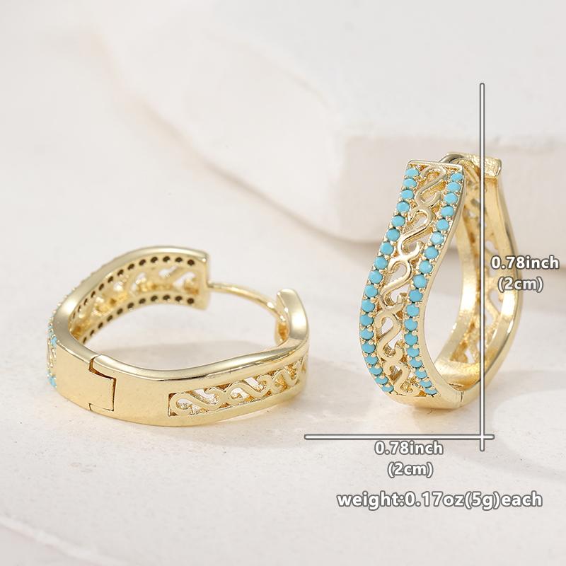 Luxurious Hollowed Hand Carved Golden Plated Inlaid Synthetic Turquoise Hoop Earrings for Women's Bohemian Style Holiday Jewelry