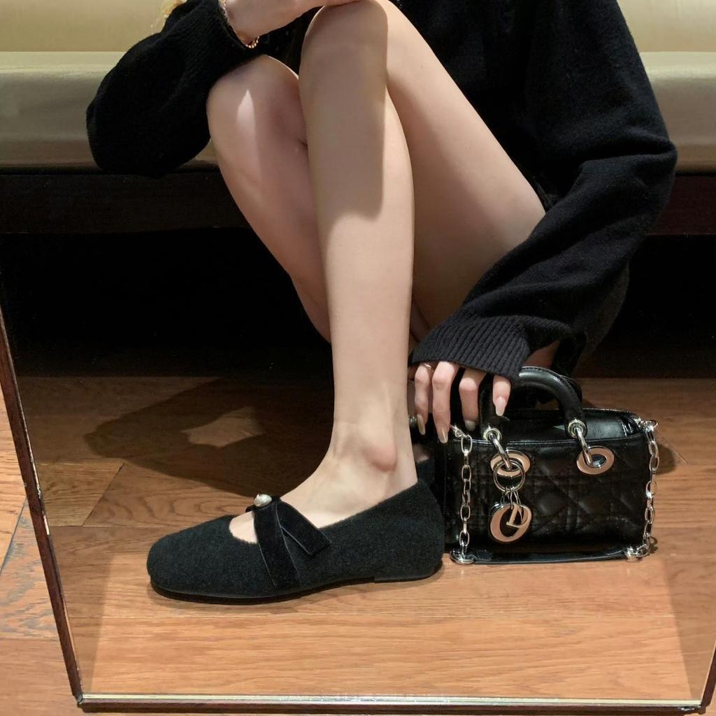 Cashmere Version~ Pearl Velvet Bow Winter Velvet Warm Single Shoes Women's French Flat Mary Jane Shoes Ladyshoes