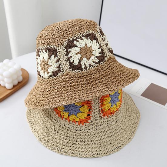 Straw Hat Bohemian Floral Pattern Foldable Beach Hat Wide Brim Hollow Design Bucket Hat Breathable Summer Accessory