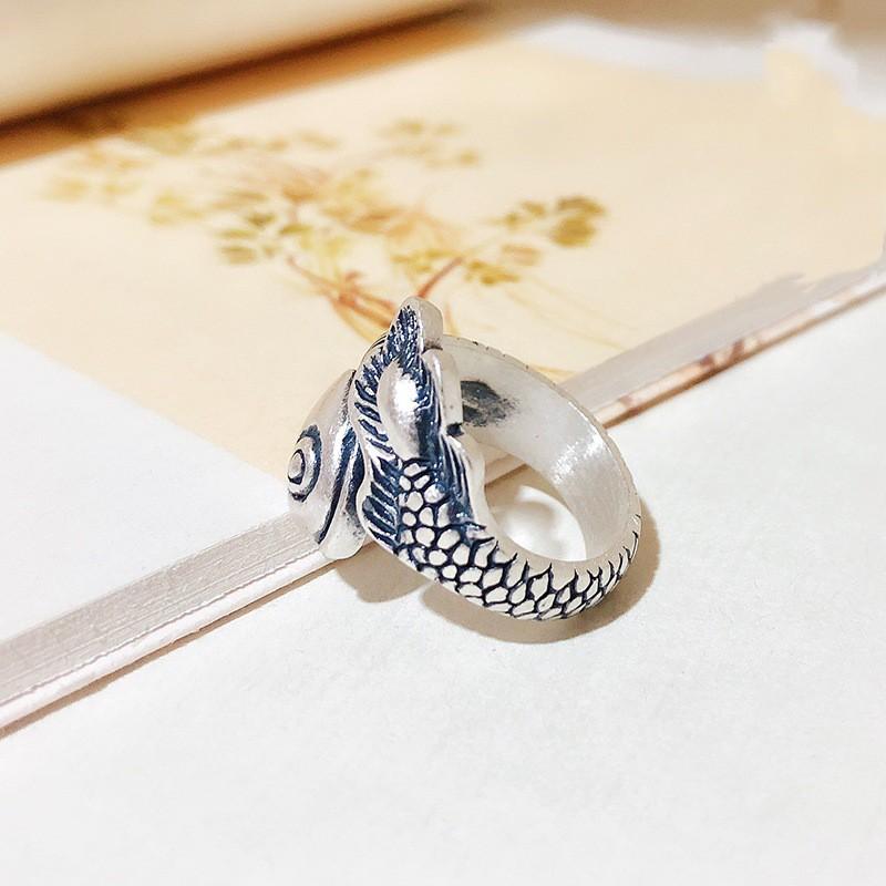 Adjustable Open Ring With Vintage Koi Fish Design Plated Copper Retro Ethnic Style Finger Men Women