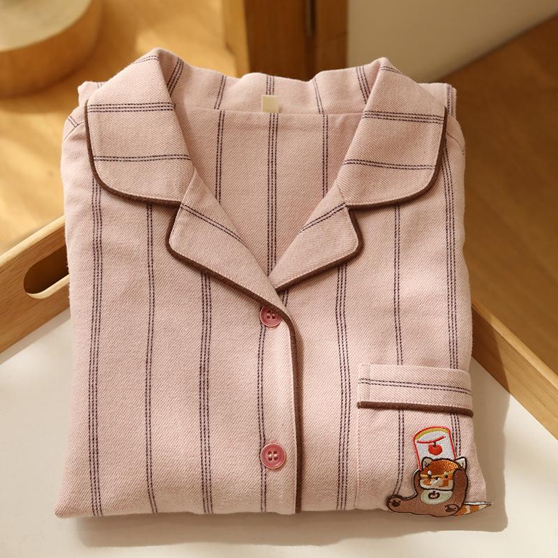 Couple pajamas women's autumn and winter pure cotton polished beast striped simple casual long-sleeved loungewear set