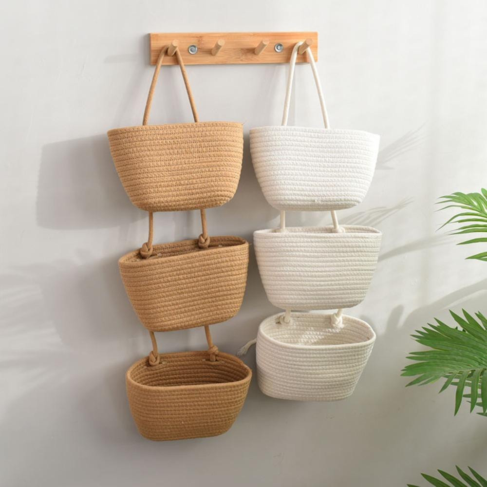 3-Layer Wall Hanging Storage Basket Handwoven Multipurpose Hanging Storage Pouches No-Punch Door Storage Pouch