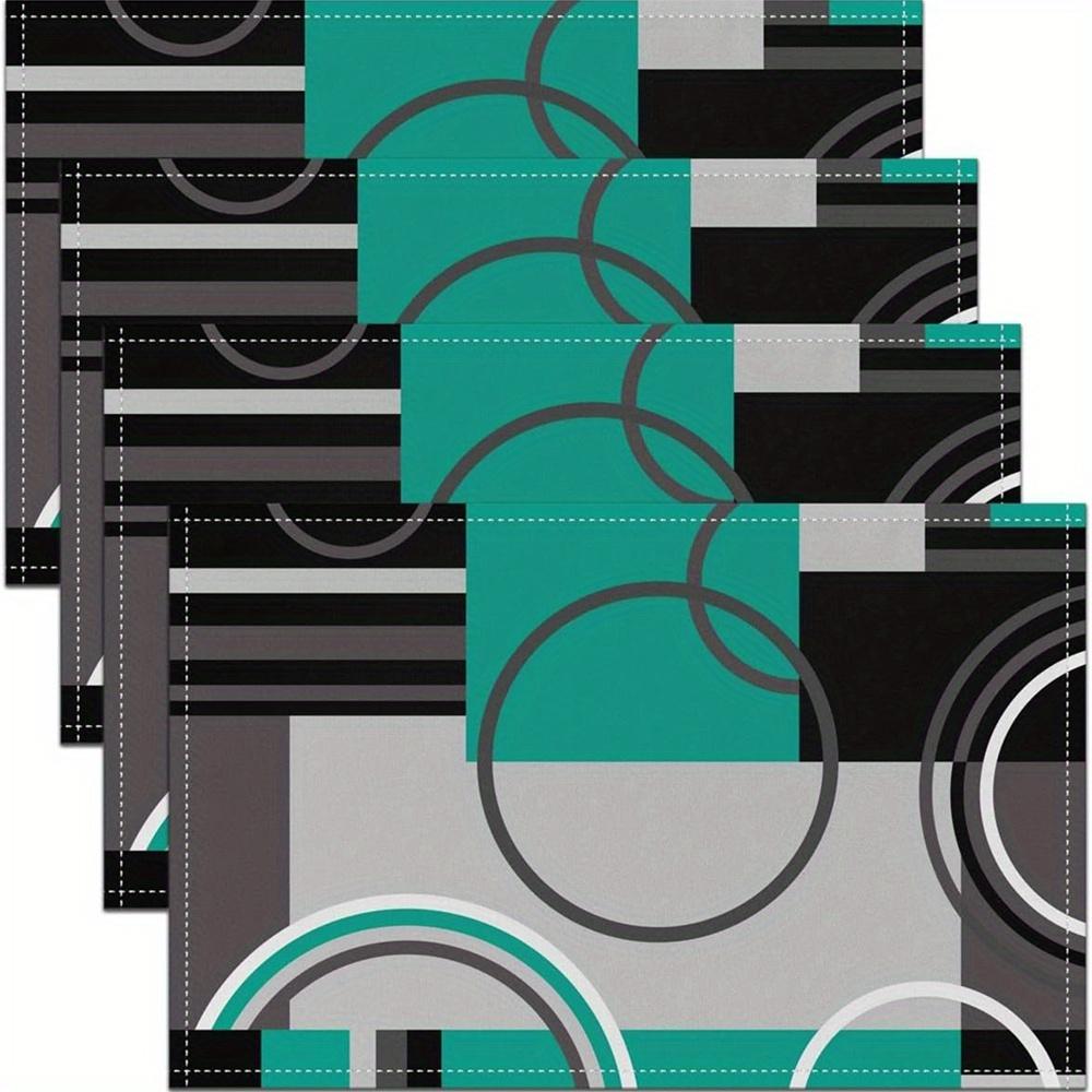 

4 - Piece Teal - Gray Geometric Pattern Linen Placemats, 12 x 18 Inches, Washable Table Mats for Kitchen Home Decor 30x45cm-4PC