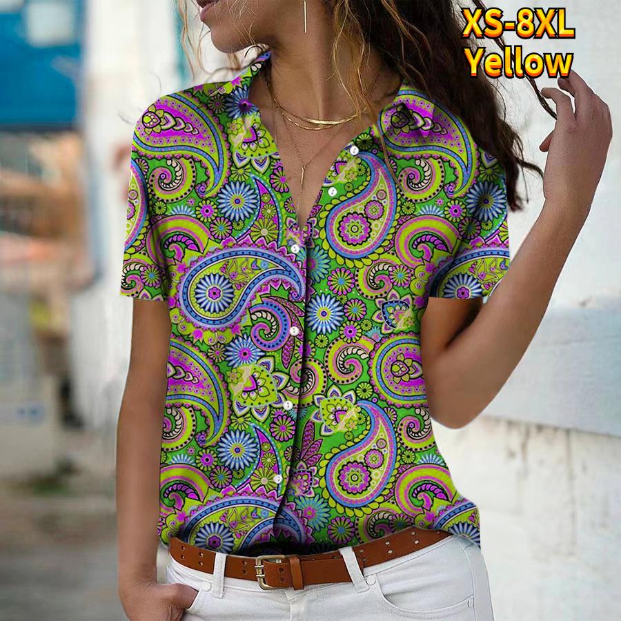 2025 Summer New Fashion Women's Retro Printed Short Sleeve V-neck Casual Button-down Shirt Top