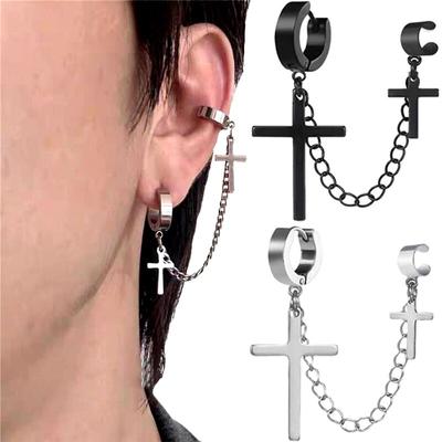 Punk Cross Tassel Earrings for Women Men Teens Clip Earring Ear Cuffs Zinc Alloy Hip Hop Jewelry Vintage Metal Chain  Earing