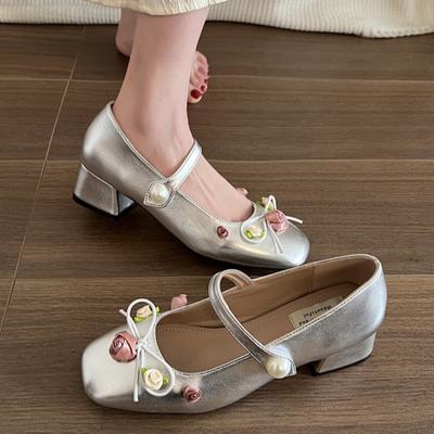 Mode Mittelhohe Mary Jane Einzelne Schuhe 2024 Neue Damenschuhe Mode Elegant Blume Schleife Pumps Eckige Zehenpartie Dicke Absätze Ballerinas