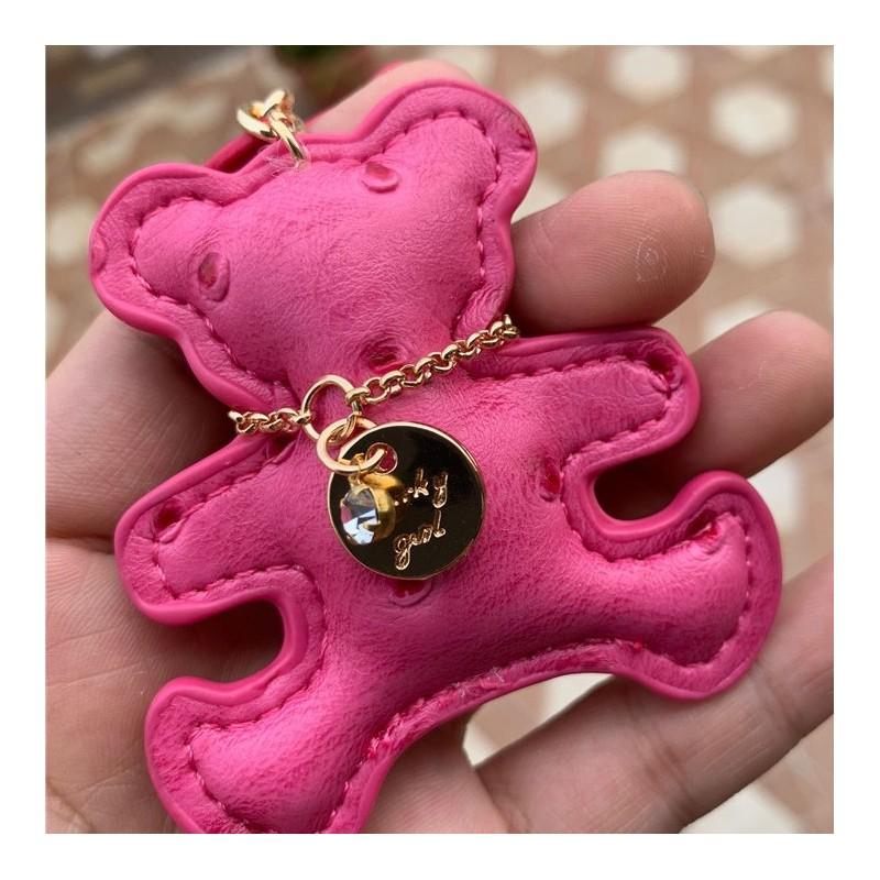 Leather Keychain Teddy Bear Fuchsia Tassels Bag Charm