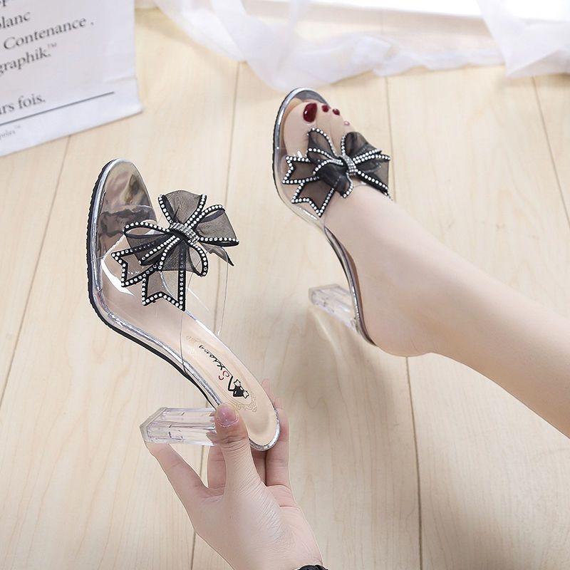 Super High Heels Rhinestone Shoes for Women With Bow Open Toe Woman Slippers 39 Designer Luxury Sandals Slip-resistant Slides