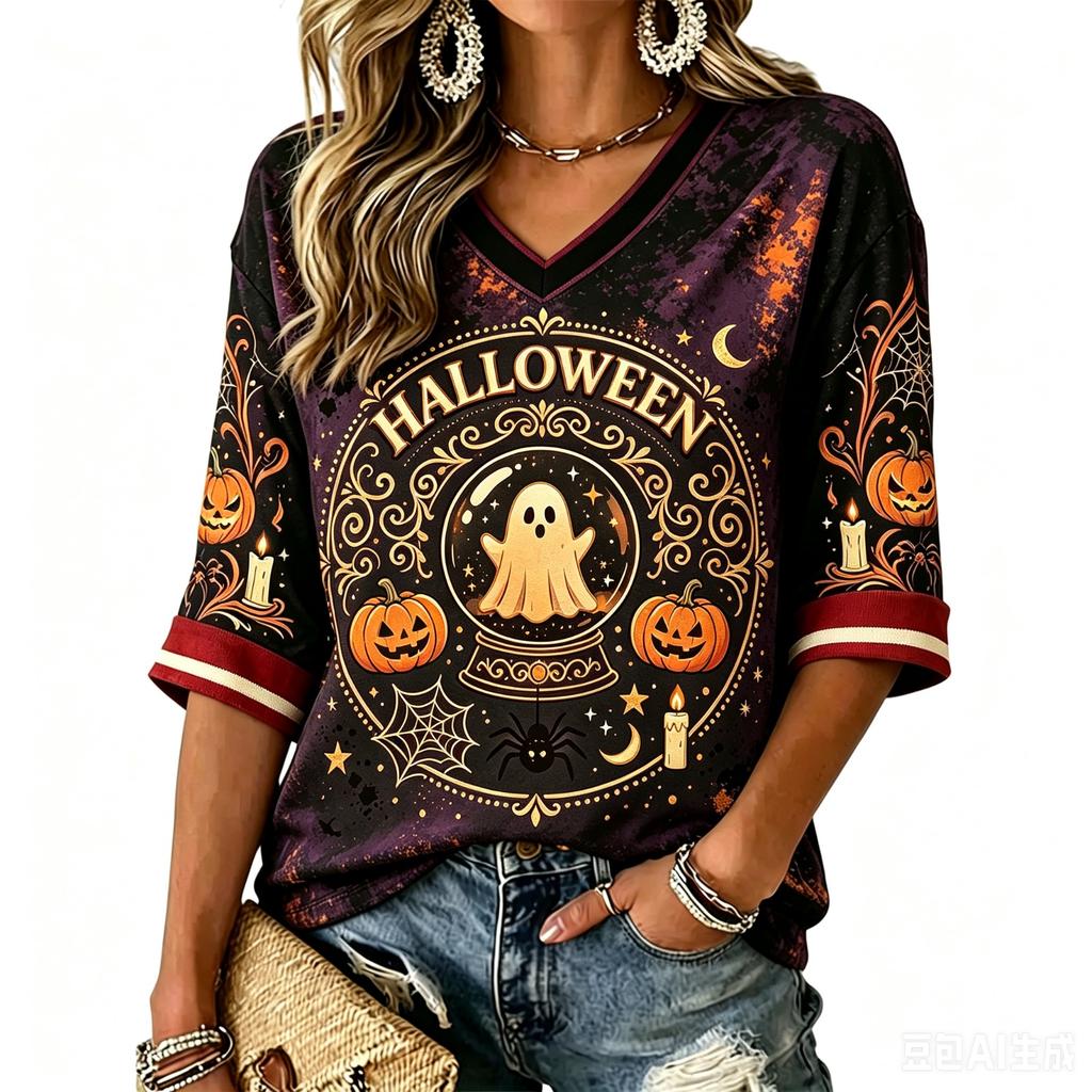 Women's V-Neck Halloween Print T-Shirt Casual Short Sleeve Top for Holiday Party