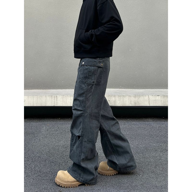 Blaexit American-Style Distressed Gray Pleated Flared Cargo Pants for Men, Cleanfit Loose Casual Trendy Pants