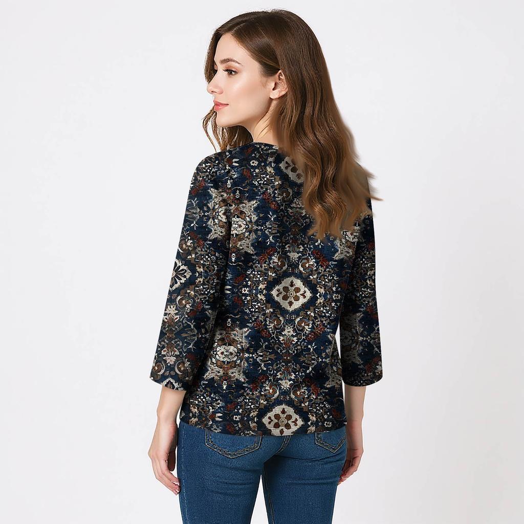 Women's 3/4 Sleeve Shirts V Neck Print Tops Casual Tops Basic Tees Blouse Loose Tops