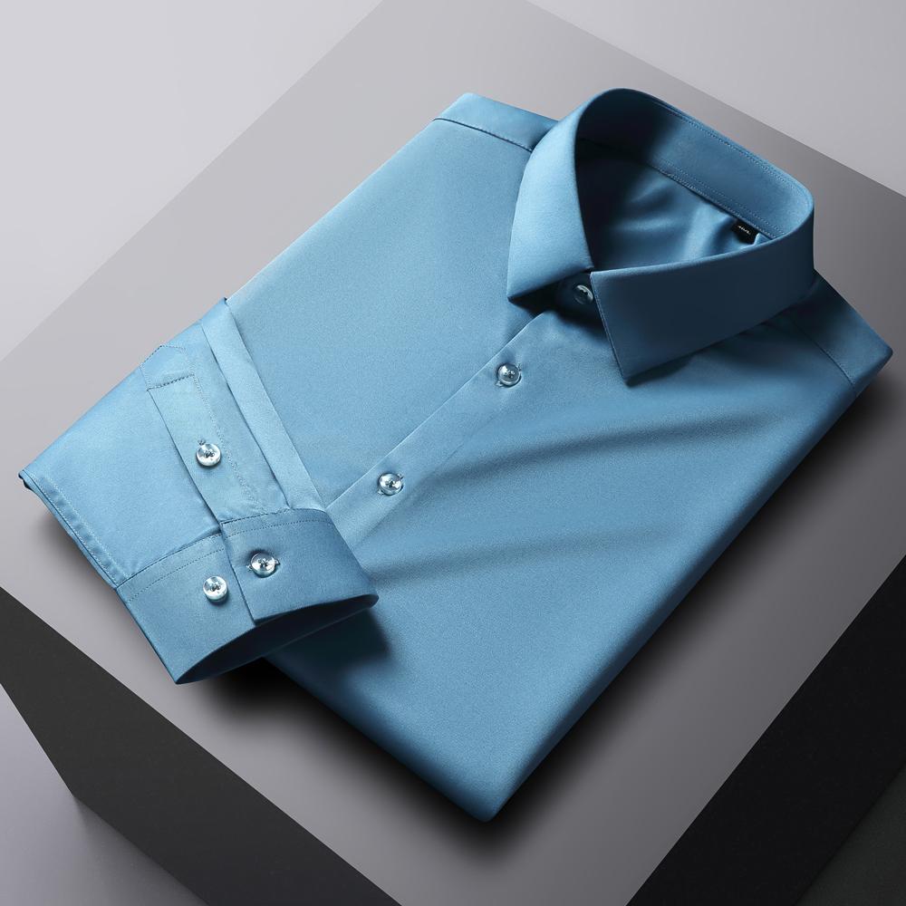 Cămașă de rochie pentru bărbați, cu mânecă lungă, de culoare uni, fără călcare, elastică, mătăsoasă, prietenoasă cu pielea, ușor de întreținut, formală, îmbrăcăminte pentru bărbați, cămașă cu nasturi