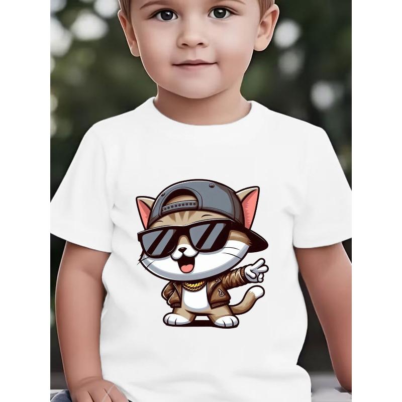 Boys Crewneck T-Shirt, Cute Cartoon Cat Print 110