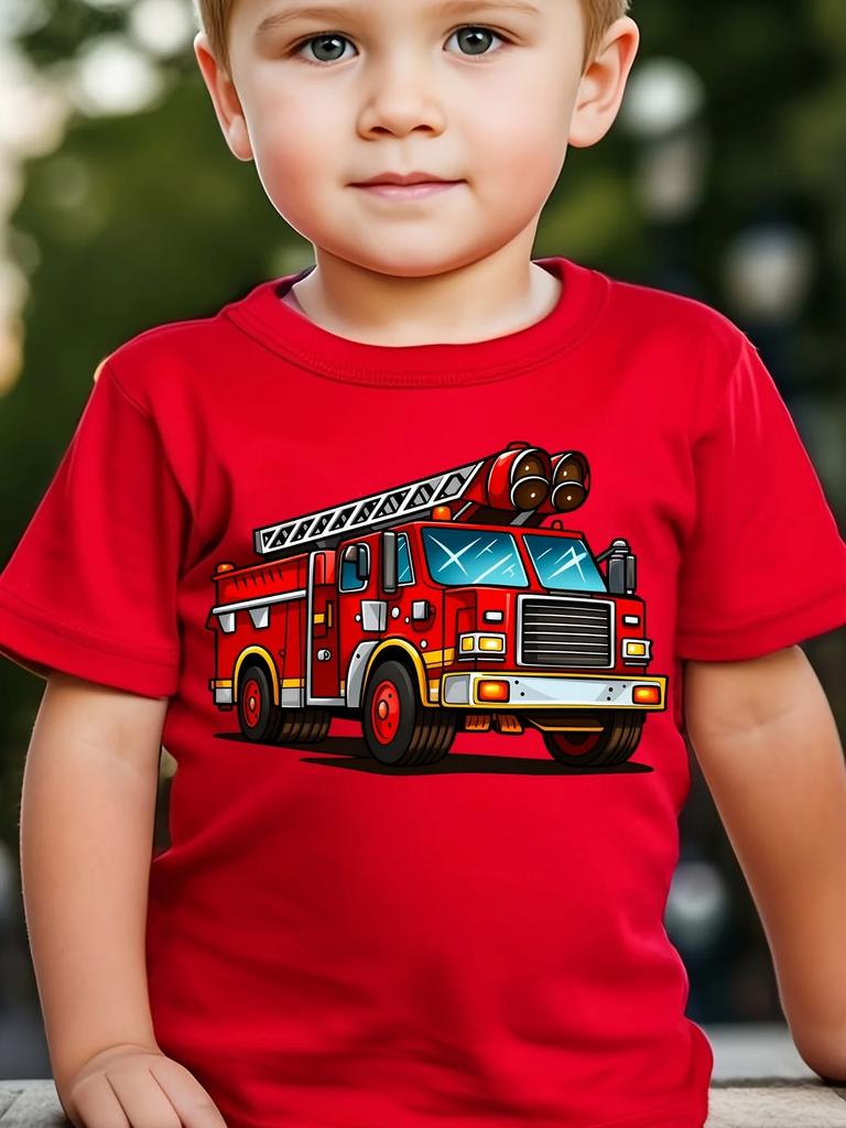 Cartoon Rotes Feuerwehrauto Feuerwehr Fahrzeug Kunst Grafikdruck T-Shirt Familienpassend Jungen Mädchen Kinder Kurzarm Tägliche T-Shirts