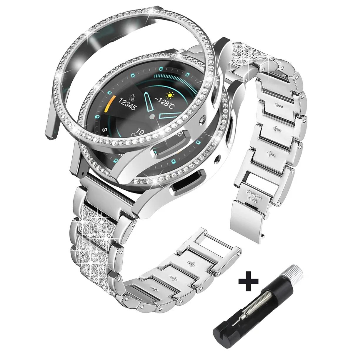 Metal Strap+Case for Samsung Galaxy Watch7 6 5 4 40mm 44mm Band Woman Stainless Steel Diamond Bracelet & Cover Bumper Accessorie Galaxy watch7 44mm серебряный