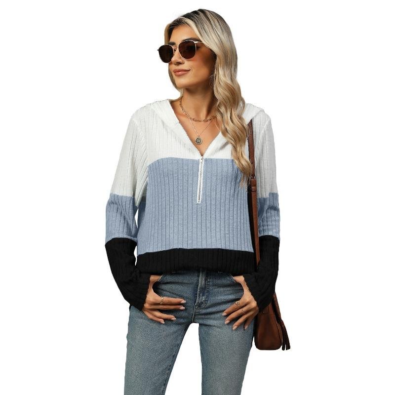 New Loose Color Splicing Zipper Hooded Long Sleeved Blouse Autumn and Winter Top Women Casual Simple Fashion Elegant Office Women's Clothing