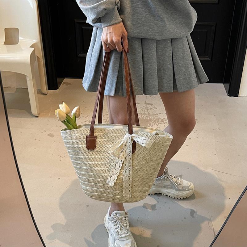 Women's Large Capacity New Vacation Beach Straw Shoulder Bag Woven Commuter Bucket Bag Basket Tote Bag