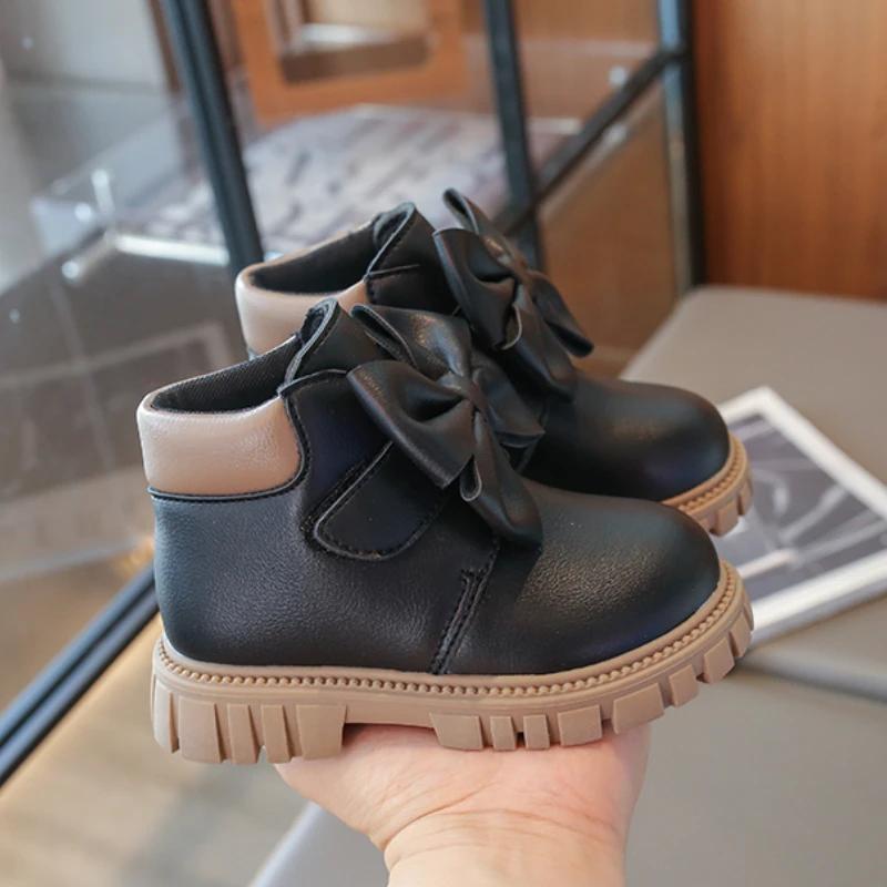 Multi Color Versatile Girls Boots with Flat Heel Low Cut Bow Anti Slip and Waterproof Winter Microfiber Leather Fashion Boots