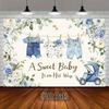 2D Boy Baby Shower Backdrop, Denim Outfits & Blue Roses Background for Photoshoot