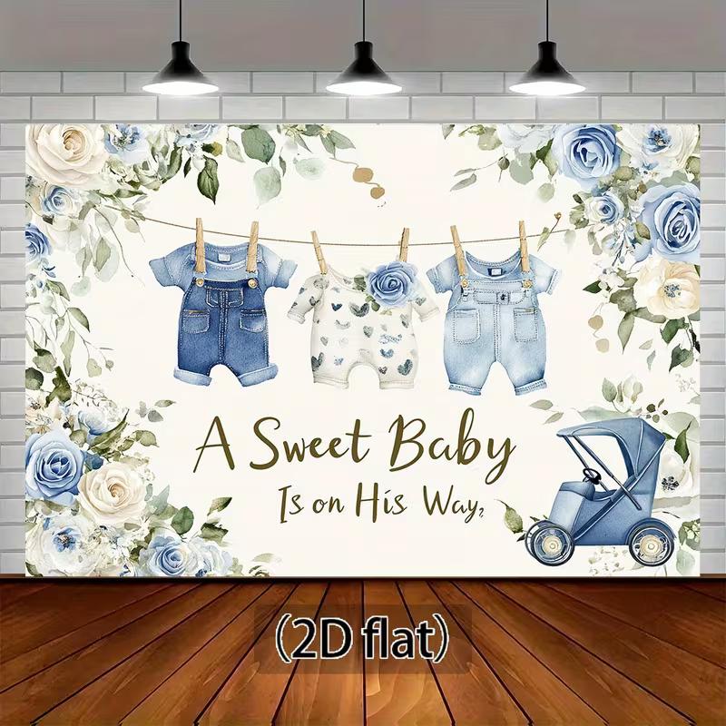 2D Boy Baby Shower Backdrop, Denim Outfits & Blue Roses Background for Photoshoot