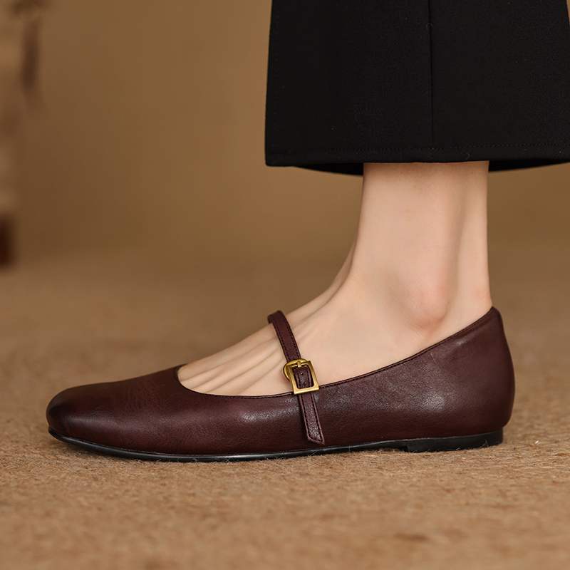 Krazing Pot Kuhleder Mode Frühling Herbst Schönheit Flach mit Damen Square Toe Schuhe Mary Janes Flache Ballerinas