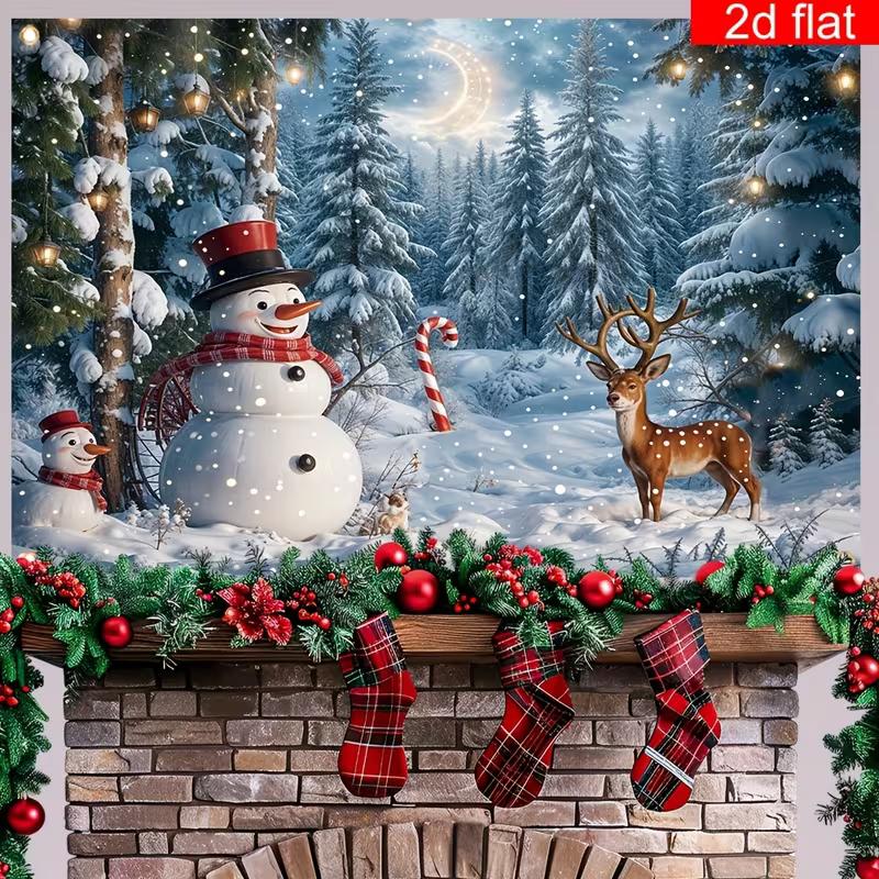 2D Christmas Winter Forest Backdrop Snowman Reindeer Party Photography Background