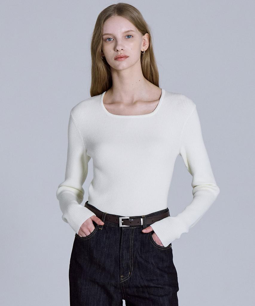 BASIC HOUSE Women'S Square Neck Long Sleeve Sweater Ivory Lykt7204