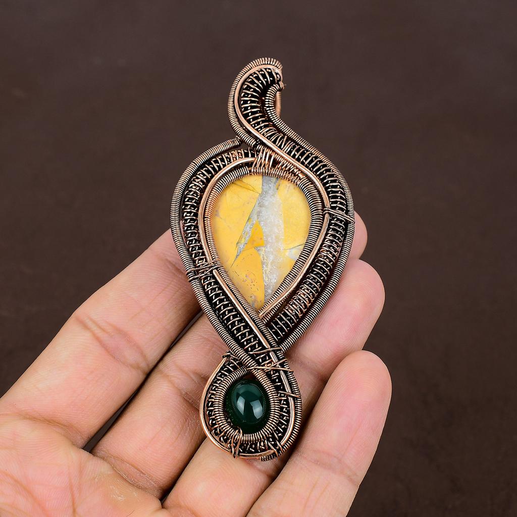 Natural Yellow Mookaite, Green Onyx Gemstone Copper Wire Wrap Pendant 3.94" P0w94