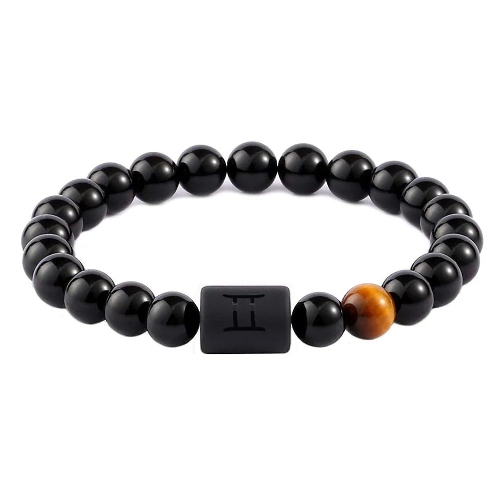 Sternzeichen Armband für Männer 8mm Naturstein Schwarzer Onyx Tigerauge Stein Sternzeichen Konstellation Freundschaft Gebet Segnung Armband Geschenke