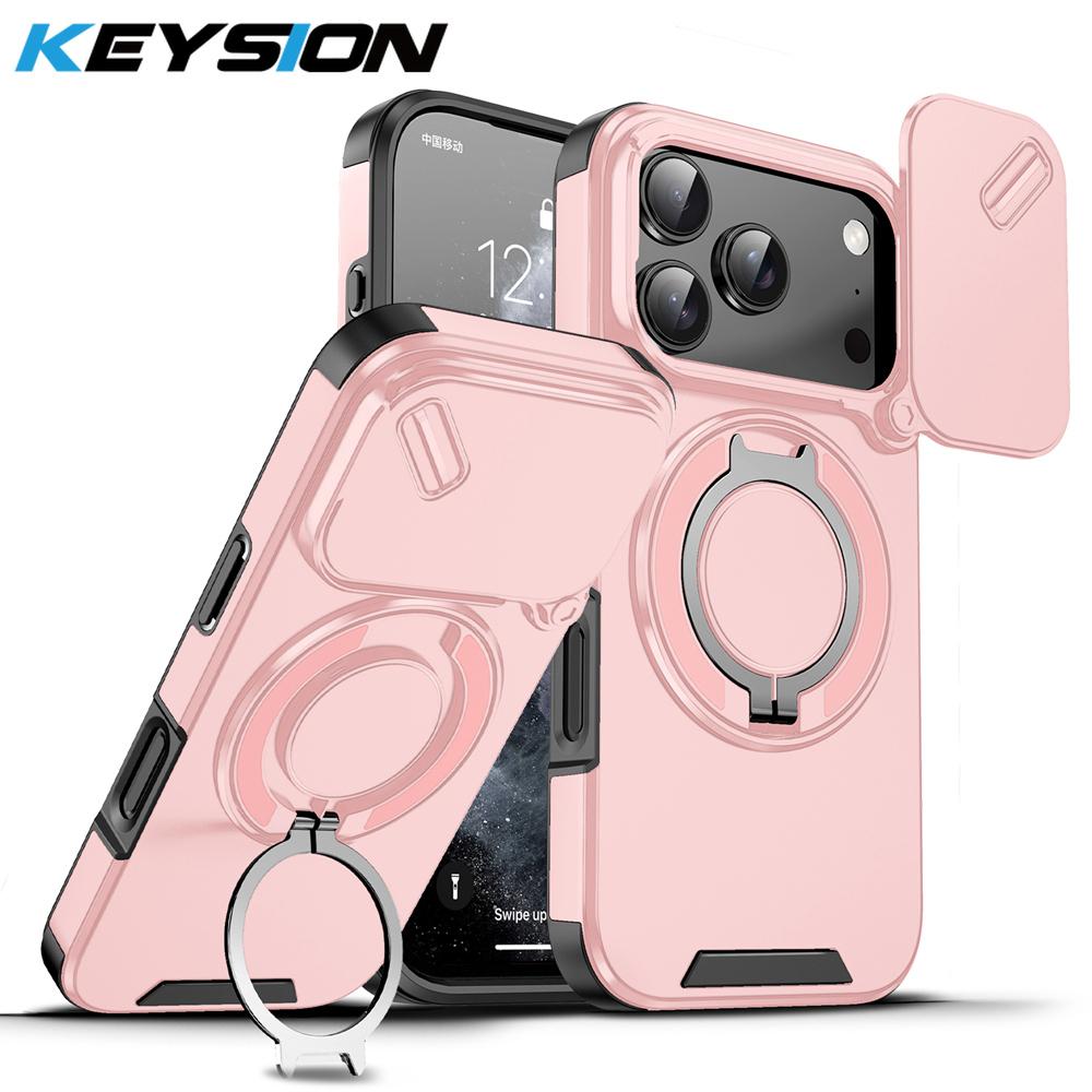 KEYSION 360° Rotating Ring Stand Phone Case for iPhone 17 Pro Max Silicone+PC Slide Camera Protection Magnetic Shockproof Cover
