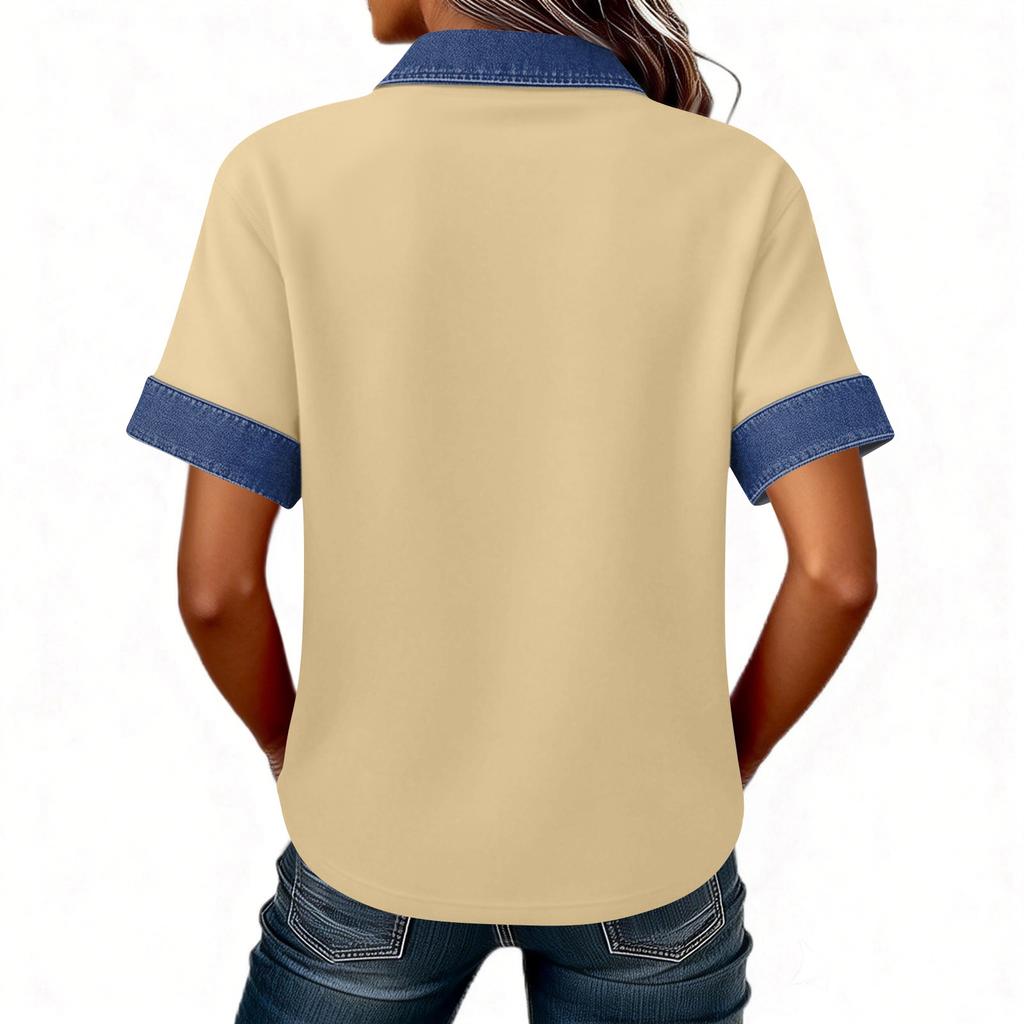 Denim Patchwork Hemden für Damen Stehkragen Lässige Bluse Kurzarm Bequemes T-Shirt Frühling Sommer Mode