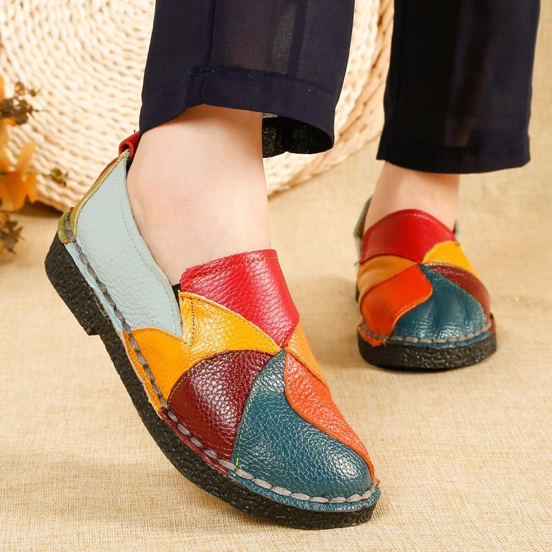 New Flat Women's Shoes Genuine Leather Casual Color-blocking Women's Singles Shoes Middle Mother's Shoes Large Size Shoes