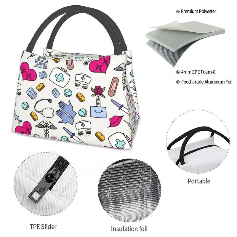 Nurse Nursing Tool Pattern Insulated Lunch Bag for Work Office Resuable Thermal Cooler Bento Box Women