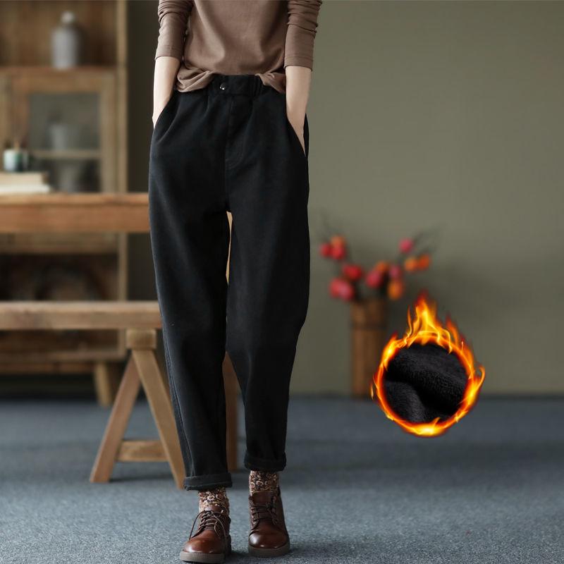 Women Winter Warm High Waist Pockets Harem Pants Plush Slim Fit Elastic Waist Sport Pants Women Ankle Length Long Trousers