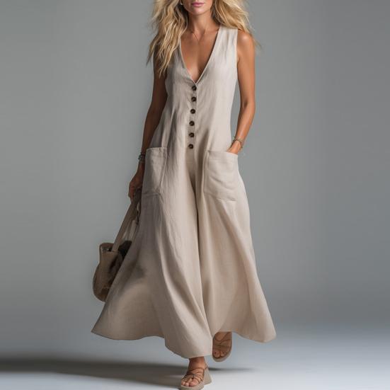 Women's V Neck Long Dress Summer Sleeveless A-line Swing Dress Casual Button Down Flowy Beach Sundress with Pockets